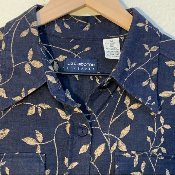 LIZ CLAIBORNE Liz-sport Linen Blend Shirt Women Medium Navy Blue Tan Leaf. - Picture 3 of 12